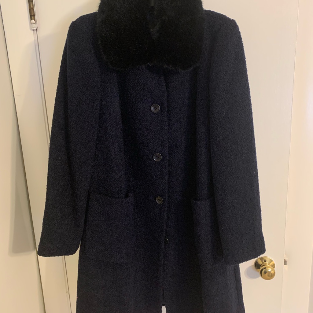 Talbots Navy Blue Boucle Coat With Removable Faux Fur Neckline.